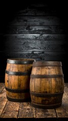 Fototapeta premium Two wooden barrels on a rustic wooden floor against a dark wooden wall