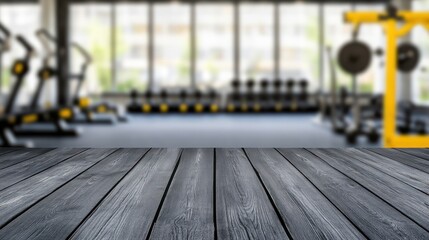 Dark gray wooden table in front of gym background