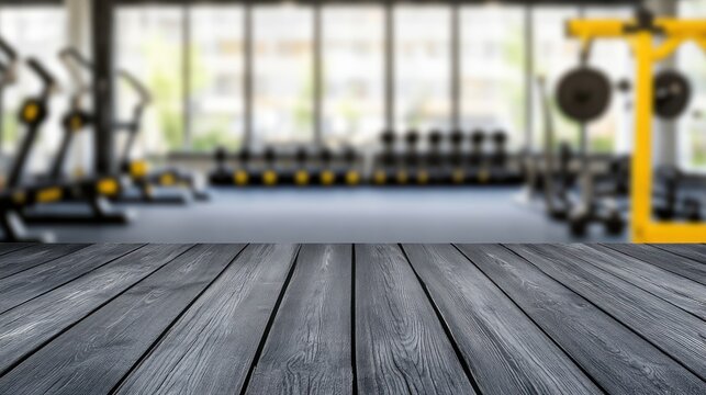 Dark gray wooden table in front of gym background