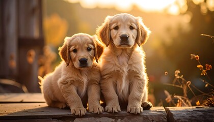 Two golden retriever puppies sitting close together in golden sunlight