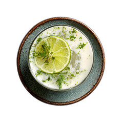 Refreshing mixed drink with lime slice and herbs on a ceramic plate, top view, studio shot.

