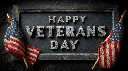 Veterans day concept with american flags and veterans on blackboard background respect