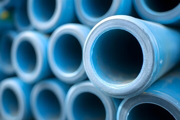 Stack of blue PVC water pipes in construction supply storage.