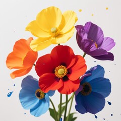 Fototapeta premium Photorealistic vibrant flowers (yellow, orange, red, blue, purple) with soft gradient petals and subtle splatters on light background