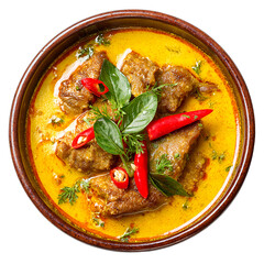 Spicy curry with meat and chili peppers in a ceramic bowl, top view, studio lighting

