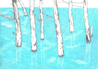 Blue Lake in a Forest Colored Pencil Drawing