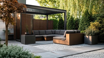 Modern outdoor setup with architectural privacy elements and a relaxing ambiance