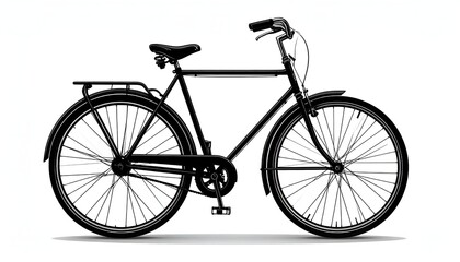 Fototapeta premium Classic black city bicycle with fenders and rear rack, side view, isolated on white. Vintage style commuter bike for urban travel.