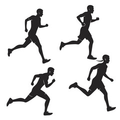 Collection of four black silhouette illustrations of male runners in various dynamic running poses against a white background showcasing athletic movement and fitness