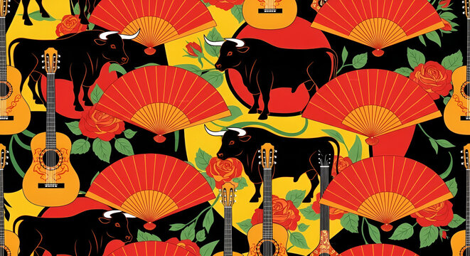 Decorative Spanish Inspired Bullfight Scene Fan and Guitar Seamless Pattern - Powered by Adobe