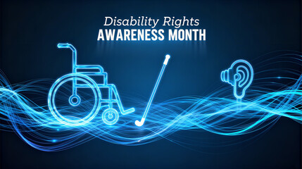 Neon assistive devices and line elements represent the concept of technology assisted tools presented in disability rights promotion, used in disability rights awareness month promotion scenes.
