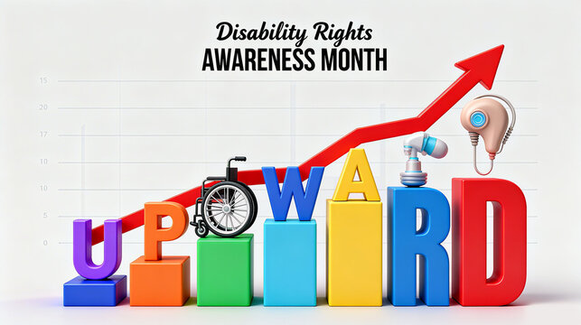 Upward trend chart and disability assistance elements, attention to the upward development trend of disabled groups in disability rights promotion, and disability rights awareness month promotion 
