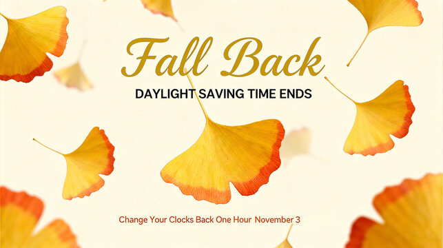 Ginkgo leaves and the text "Fall Back" represent the concept of adjusting the clock at the end of daylight saving time, used in promotional scenes for the end of daylight saving time on November 3rd.
