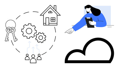 Keys, house, gears, cloud, and user interacting with a tablet create a concept of property automation, workflow, cloud solutions, and user guidance. Ideal for real estate teamwork automation