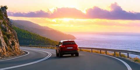 Red SUV driving along a winding coastal road at sunset, offering a scenic view of the ocean and mountains