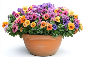 Potted pansies with colourful blooms are isolated against white. Great for gardening, spring, or floral design projects.