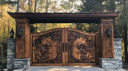 Handcrafted entrance gate with floral carvings, aged wood textures, and intricate craftsmanship