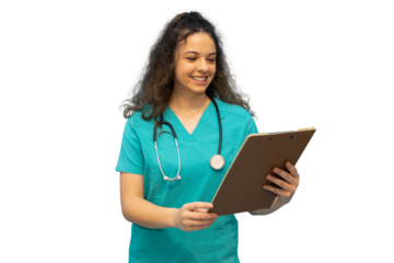 Female medical professional smiling and reviewing patient information on clipboard, isolated on transparent background