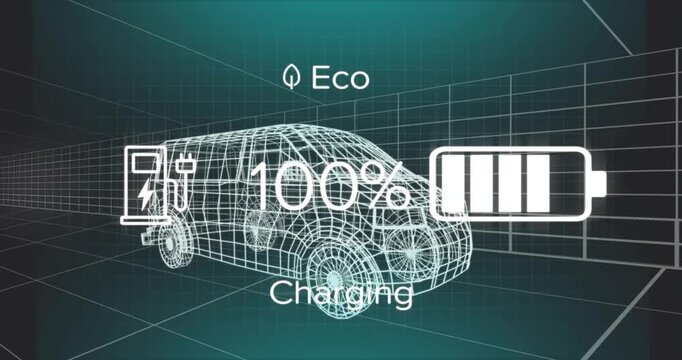 When battery hits 9%, wireframe van, battery bars filling then emptying to show Eco charge cycle