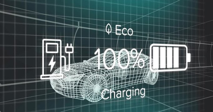 Plug icon starting wireframe car charging in grid tunnel, battery rising then dropping