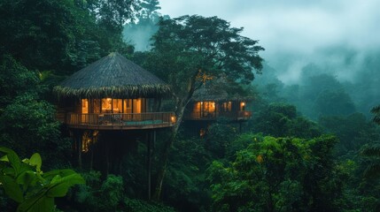 Breathtaking eco-resort hidden in the rainforest, with treehouse accommodations, on blurred background