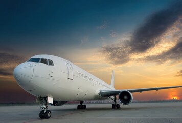 Passenger airplane taxiing along the runway at sunset, bathed in stunning golden hour light, creating a picturesque travel scene