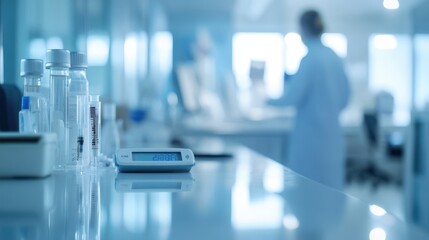 A diabetes patient monitoring blood sugar levels with a glucose meter, blurred background  