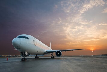 Obraz premium Passenger airplane standing on an airport runway during a beautiful sunset, travel and business concept