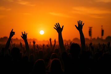 Fototapeta premium A vibrant sunset celebration with a crowd of people raising their hands in the golden light, capturing the energy of the moment.