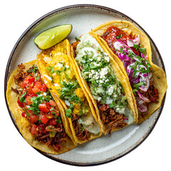 Four colorful Mexican tacos with various toppings and a lime wedge, presented on a ceramic plate, top-down view.

