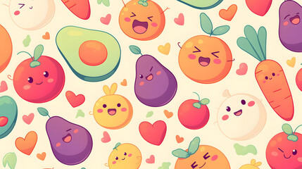 flat vector comic style abstract background with cute fruits