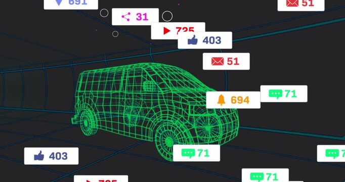 After van standing alone in wireframe tunnel, badges fading in and swirling to highlight engagement