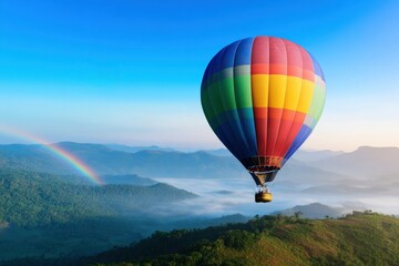 Obraz premium Hot air balloon drifting gracefully over a lush green valley, surrounded by a vibrant rainbow and soft fog at sunrise