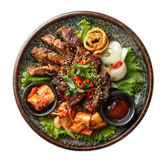 Korean BBQ meat platter with kimchi and dipping sauce, overhead studio shot, ceramic dish


