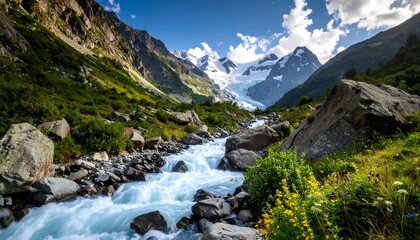 Mountain stream flows through valley, glacier peaks in background
