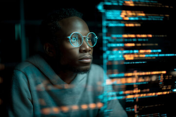 Developer focused on screen in dark room with glowing data streams creating immersive coding environment