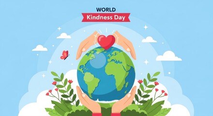 Illustration of world kindness day with hands holding the earth and a heart above it