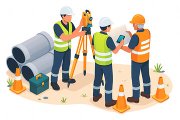 Construction Workers with Surveying Equipment and Safety Gear Vector Illustration
