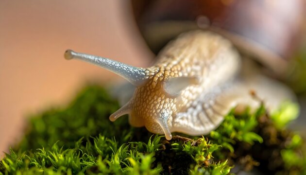 Close-up macro shot of a garden snail with extended eyestalks slowly moving on vibrant green moss in its natural habitat - Powered by Adobe