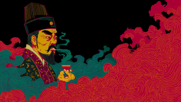 Mysterious ancient  emperor smoking in a vibrant mystical landscape with red smoke and a small figure