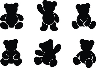 Cute teddy bear silhouette vector illustration set, adorable stuffed toy shapes, black cartoon bear collection, children toy design, baby nursery decoration