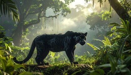 Majestic black panther in lush jungle