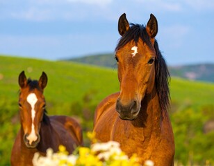Obraz premium Two horses in a grassy field, sunlit scene
