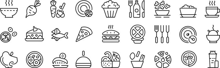 Hand Drawn Food and Dining Icons Set – Line Style Vector Collection of Meals, Kitchenware, Snacks, Drinks, and Restaurant Elements for Menu Design