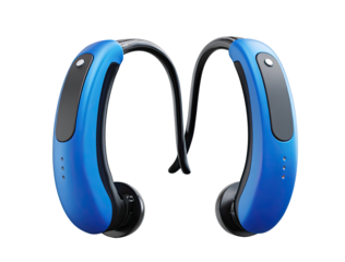 Two vibrant blue hearing aids,  pair,  with black components,  angled,  modern design,  behind-the-ear style