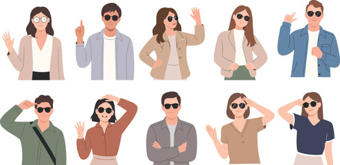 Flat vector illustration of diverse young people wearing sunglasses making various hand gestures, casual fashion, modern style, friendly social expressions and cool confident poses