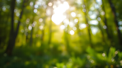 A blurred forest scene with vibrant green foliage and soft sunlight filtering through the trees, creating a serene atmosphere.