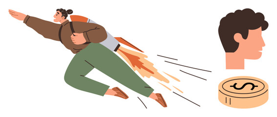 Individual with rocket backpack flying dynamically forward, head profile, and coin icon. Ideal for success, innovation, growth, ambition, leadership progress personal development. Simple flat © robu_s