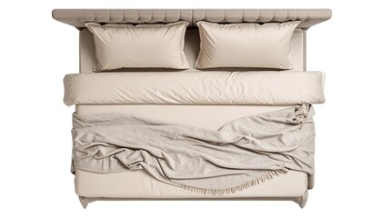 High-angle view of a beige bed with linens