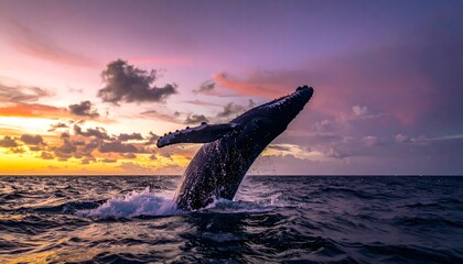 Fototapeta premium A majestic humpback whale breaches the ocean surface, creating a spectacular splash against the backdrop of a vibrant and colorful sunset sky